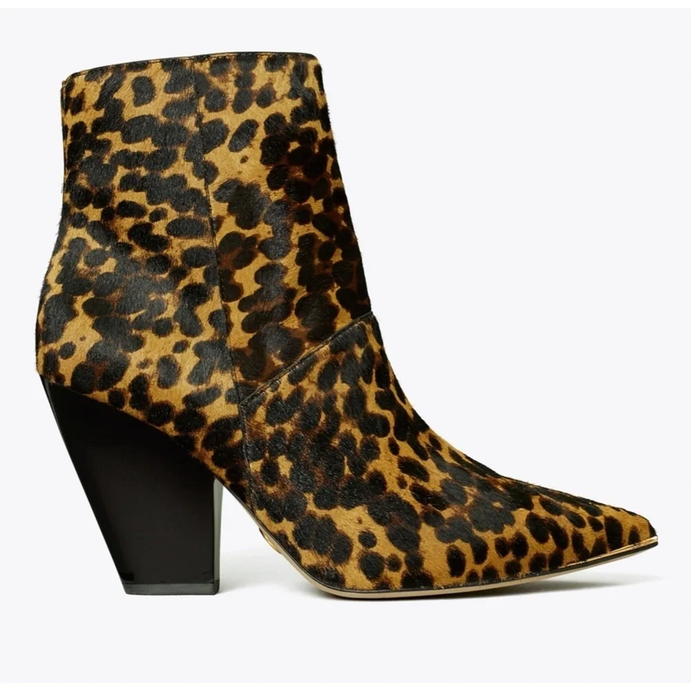 Tory Burch Lila Leopard Calf Hair Pointed Toe Ankle Boots Brown Black 7 Designer
